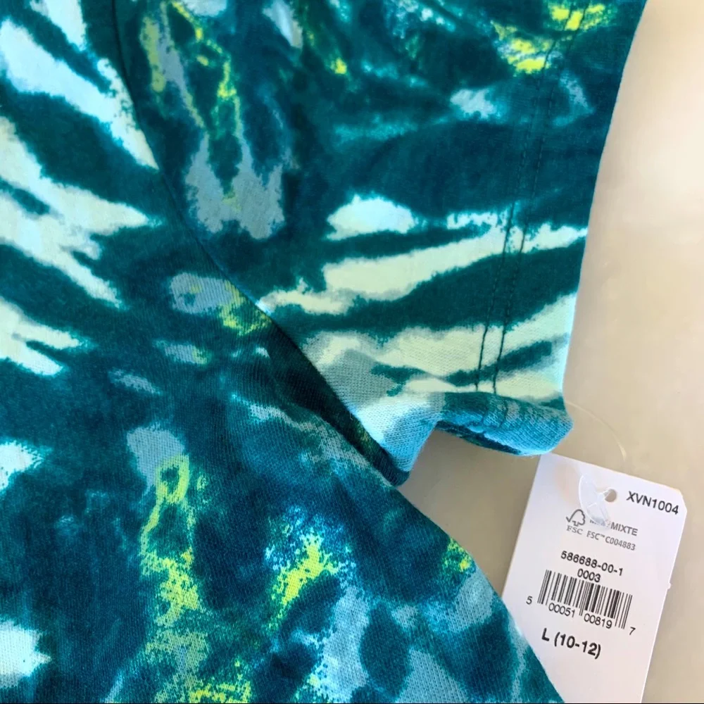 NWT Lattice-back scoop-neck top. Teal Tie Dye. L